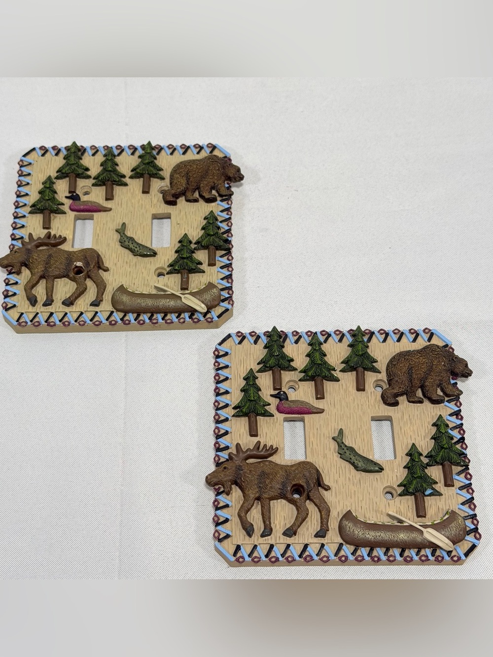 Double Wall Switch Plate Rustic Cabin Animal Nature Theme Moose Bear Fish 2 Pcs
